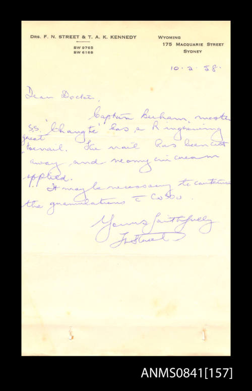 Doctor's certificate from Dr F N Street concerning ingrowing toenail of Captain Beeham