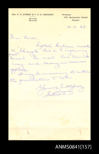 Doctor's certificate from Dr F N Street concerning ingrowing toenail of Captain Beeham