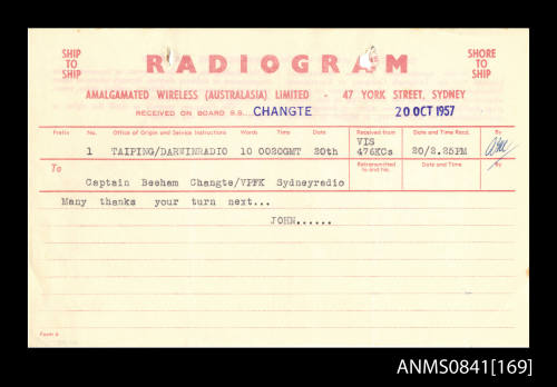 Radiogram addressed to Captain Beeham received on board SS CHANGTE on 20 October 1957