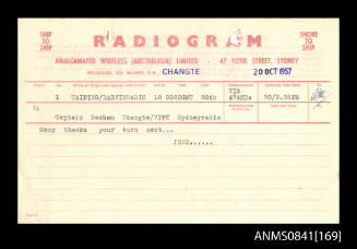 Radiogram addressed to Captain Beeham received on board SS CHANGTE on 20 October 1957