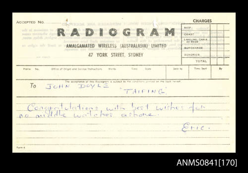 Radiogram from Eric Bolton Beeham addressed to John Doyle received on board SS TAIPING