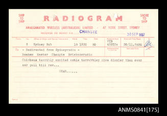 Radiogram addressed to Master Beeham received on board SS CHANGTE