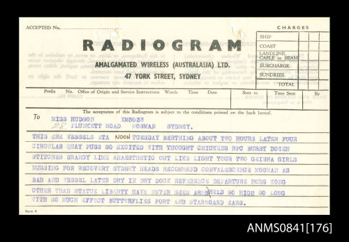 Radiogram addressed to Miss Hudson