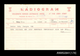 Radiogram addressed to Beeham received on board SS CHANGTE