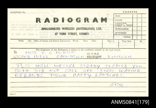 Radiogram from Eric Bolton Beeham addressed to Miss C E Hudson