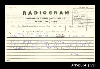 Radiogram from Eric Bolton Beeham addressed to Miss C E Hudson