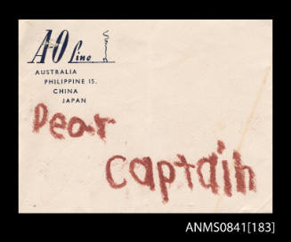 Envelope addressed to Captain White envelope featuring printed blue text at upper left corner reading "A-O Line (Australian-Oriental Line) / Australia / Phillipine Is