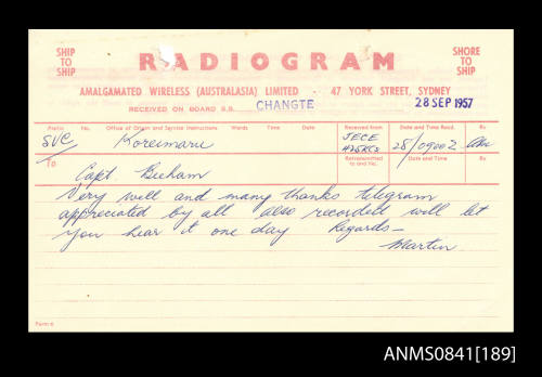 Personal radiogram addressed to Captain Beeham received on board SS CHANGTE