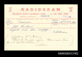 Personal radiogram addressed to Captain Beeham received on board SS CHANGTE