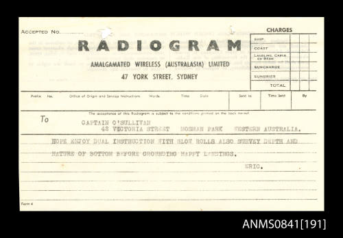 Personal radiogram from Eric Bolton Beeham addressed to Captain O'SullIvan