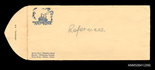 A-O Line (Australian-Oriental Line) envelope comprised of white paper with printed blue image of vessel SS TAIPING at sea and text reading "A-O Line" at upper left corner