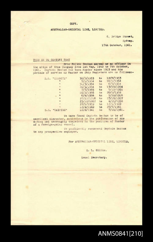 Written reference from E L Gill concerning work of Eric Beeham for the Australian-Oriental Line between 1953 - 1961