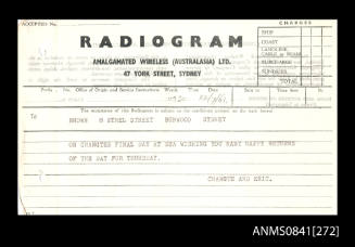 Radiogram concerning the SS CHANGTE's final day at sea