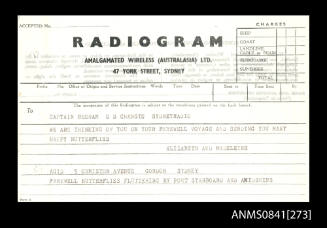 Radiogram addressed to Captain Beeham concerning the farewell of the SS CHANGTE