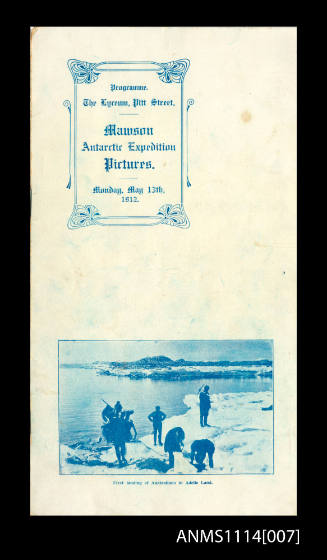 Programme, the Lyceum Pitt Street, Mawson's Antarctic Expedition Pictures, Monday 13 May 1912