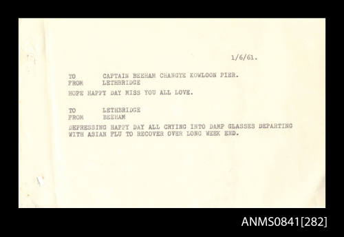 Telegram addressed to Captain Beeham from Lethbridge