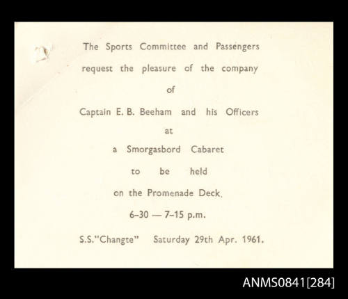 Invitation addressed to Captain Beeham and his officers to attend smorgasbord cabaret held on board SS CHANGTE on Saturday 29th April, 1961