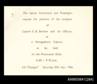 Invitation addressed to Captain Beeham and his officers to attend smorgasbord cabaret held on board SS CHANGTE on Saturday 29th April, 1961