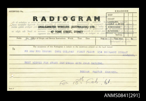 Personal radiogram addressed to Mr and Mrs Graham from Eric Beeham