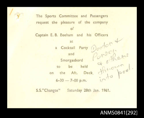 Invitation addressed to Captain Beeham and his officers to attend a cocktail party on board SS CHANGTE on Saturday 28th January, 1961