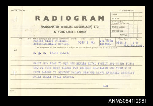 Radiogram addressed to HRH concerning new year greetings