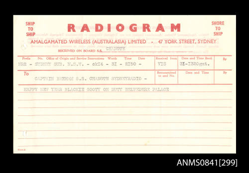 Radiogram addressed to Captain Beeham concerning new year greetings