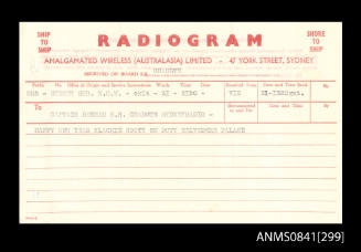 Radiogram addressed to Captain Beeham concerning new year greetings