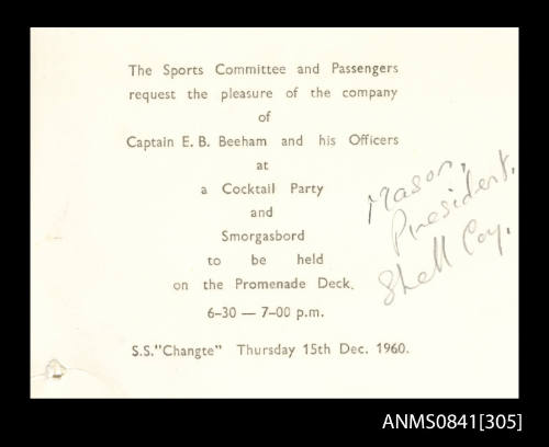 Invitation addressed to Captain Beeham and his officers to attend a cocktail party on board the SS CHANGTE on Thursday 15th December, 1960