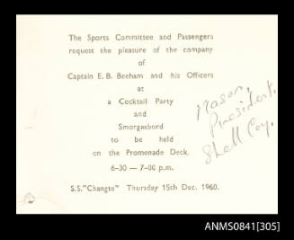 Invitation addressed to Captain Beeham and his officers to attend a cocktail party on board the SS CHANGTE on Thursday 15th December, 1960