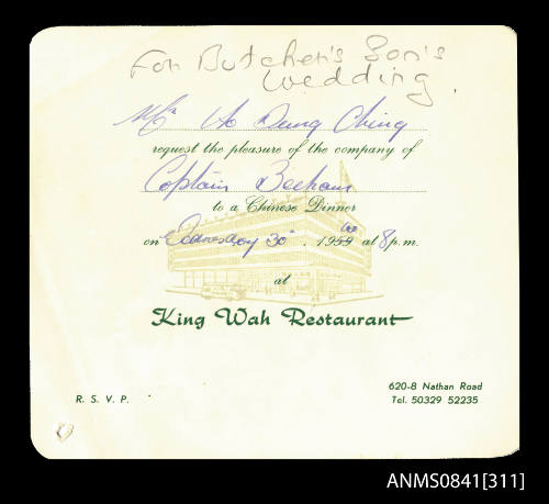 Invitation addressed to Captain Beeham to attend Chinese dinner at King Wah restaurant