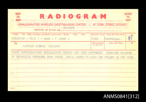 Personal radiogram addressed to Captain Beeham