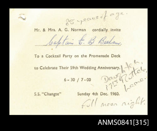 Invitation addressed to Captain Beeham to attend a cocktail party on board the SS CHANGTE in celebration of the 59th wedding anniversary of Mr & Mrs Norman