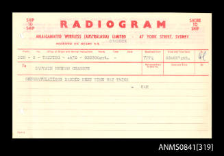 Radiogram addressed to Captain Beeham of SS CHANGTE