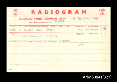 Radiogram addressed to Captain Beeham of SS CHANGTE