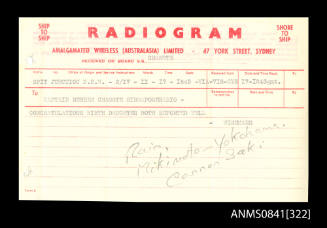 Radiogram addressed to Captain Beeham of SS CHANGTE