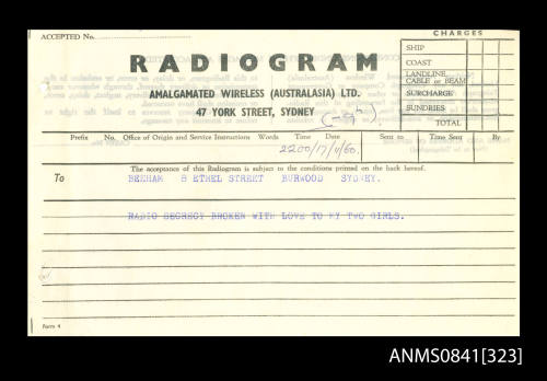 Radiogram addressed to Captain Beeham