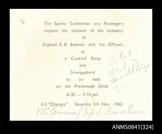Invitation addressed to Captain Beeham to attend a cocktail party on board the SS CHANGTE on Saturday 5th November, 1960