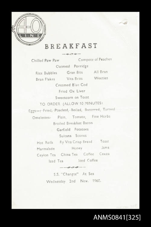 Menu on board the Australian & Oriental Line passenger vessel SS CHANGTE.