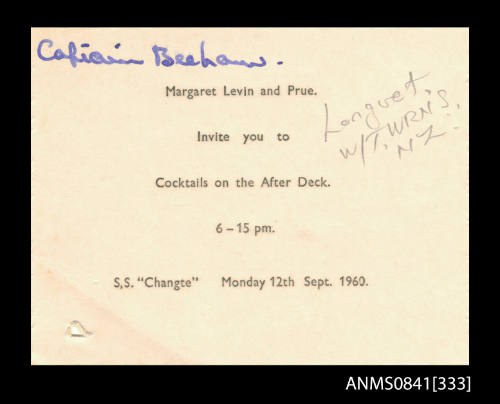 Invitation addressed to Captain Beeham to attend cocktail party held on board SS CHANGTE on Monday 12th September, 1960