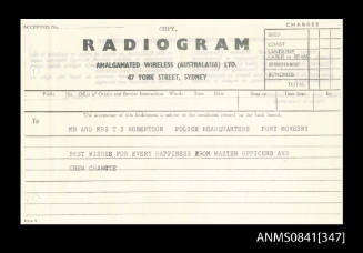 Radiogram addressed to Mr and Mrs T I Robertson from master, crew and officers of SS CHANGTE