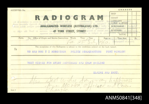 Radiogram addressed to Mr and Mrs T I Robertson from Elaine and Eric Beeham