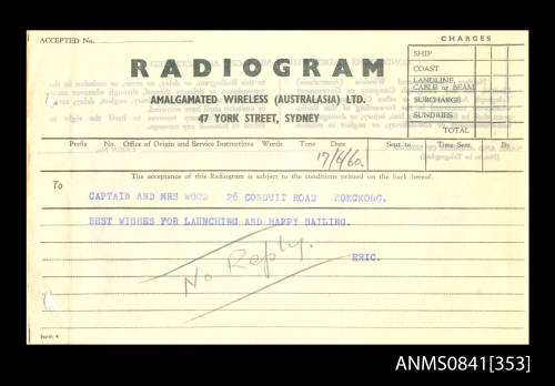 Radiogram addressed to Captain and Mrs Wood from Eric Beeham