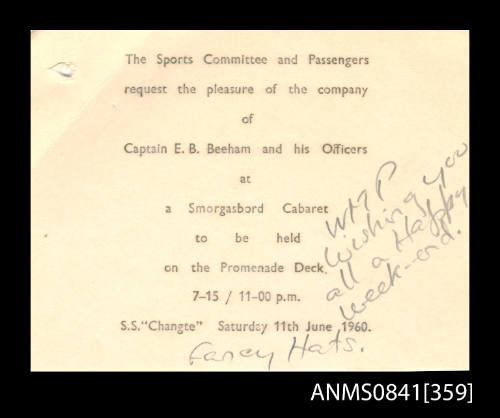 Invitation addressed to Captain Beeham and his officers to attend smorgasbord cabaret held on board SS CHANGTE on Saturday 11th June, 1960