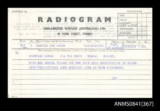 Personal radiogram addressed to chairman Leman from Captain Beeham