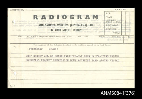 Copy of radiogram addressed to Swireship Sydney from Captain Beeham