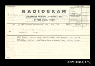 Copy of radiogram addressed to Swireship Sydney from Captain Beeham