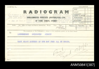 Radiogram addressed to Lethbridge Swireship from Captain Beeham