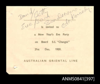 Blank invitation to attend new year's eve party held on board SS CHANGTE on 31st December, 1959