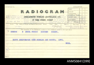 Radiogram addressed to Beeham concerning happy anniversary greetings