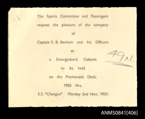 Invitation addressed to Captain Beeham and his officers to attend a smorgasbord cabaret on board the promenade deck of SS CHANGTE on 2nd November, 1959